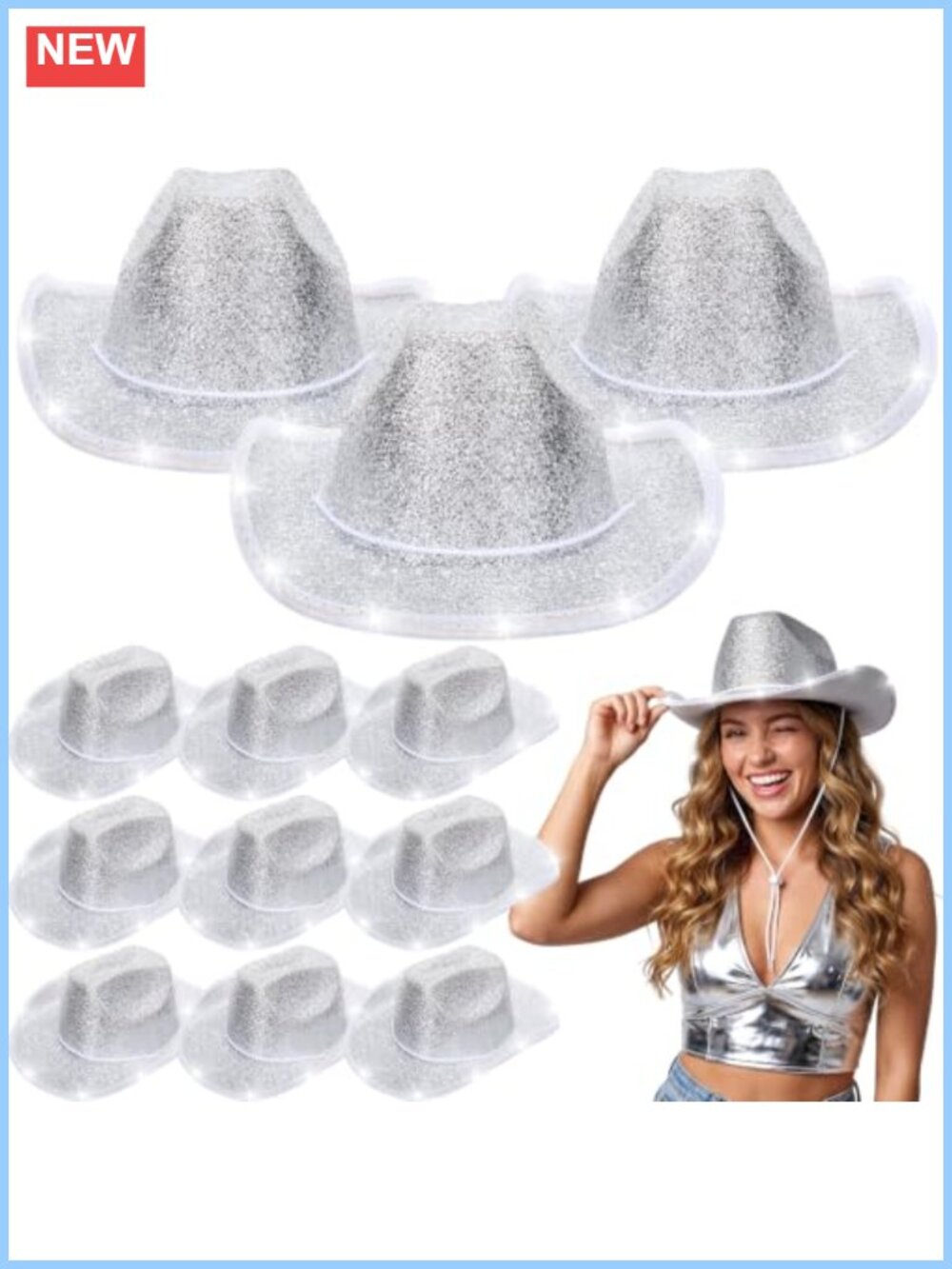 12 Pack LED Light Up Glitter Cowboy Hats Western Party Costume Accessories